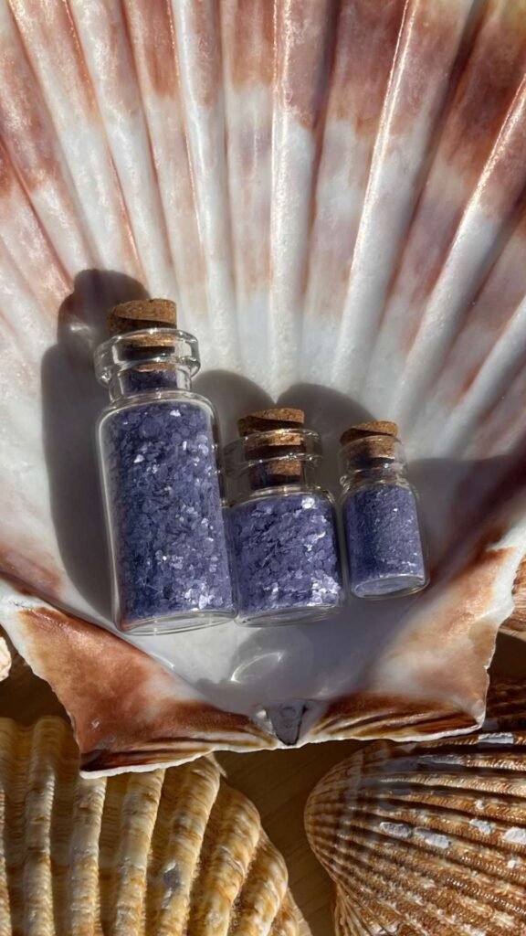 Mini botellas de cristal con tapón de corcho con purpurina ecologica Marguli