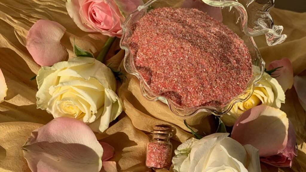 Purpurina biodegradable de algas color rosa en estudio de fotografía Elegir Nombre para Producto