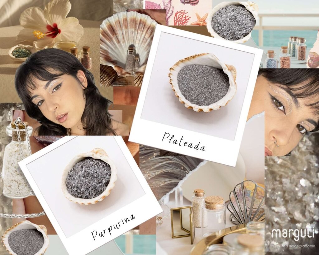 Collage de imágenes de la marca Marguli Purpurina Biodegradable